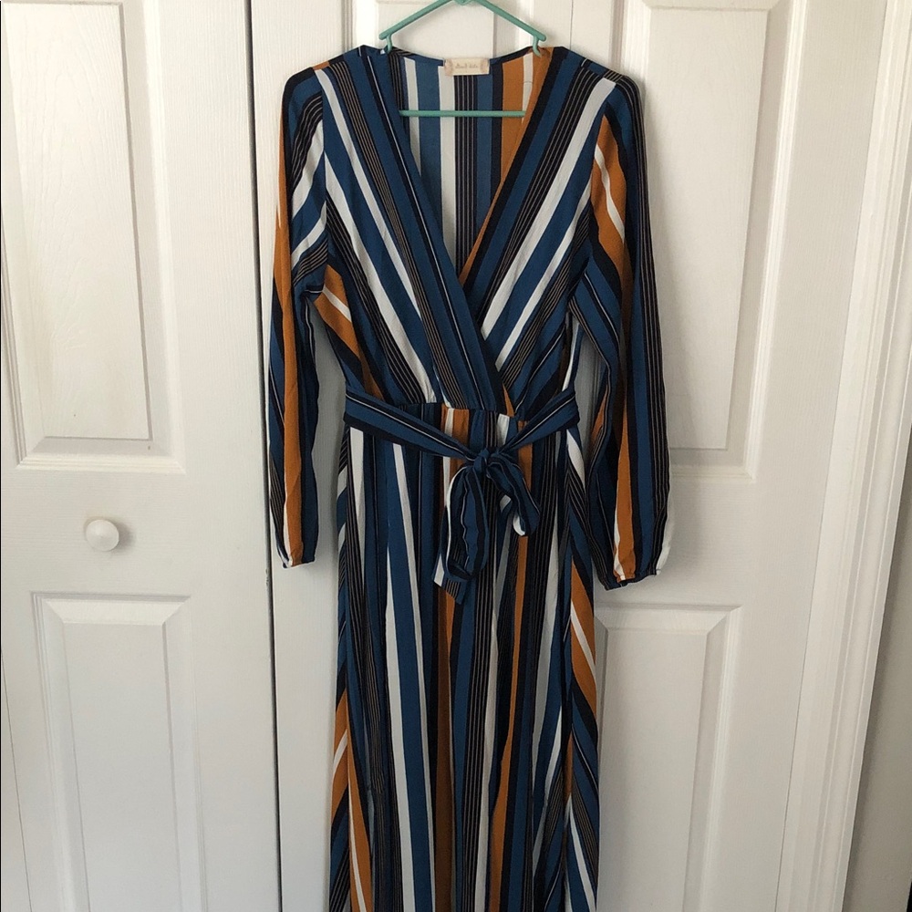 Altar’s State Dress Women’s size large Striped V-Neck Maxi Dress blue/white